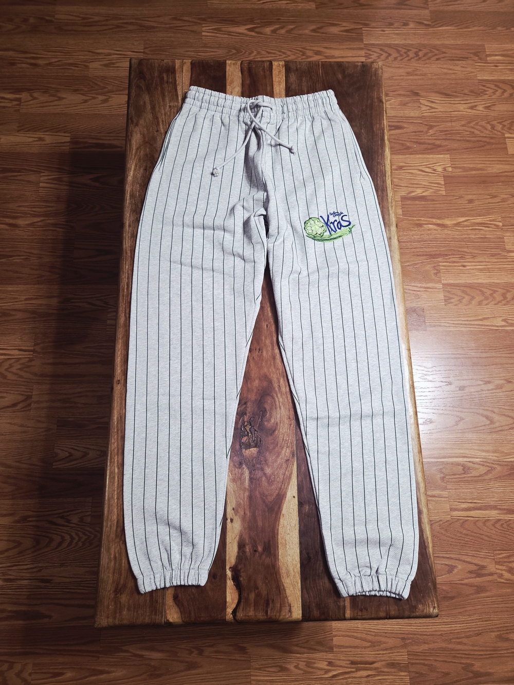 Denim Tears Gray Pinstripe "Harlem Georgia Okras" Joggers. Size Small